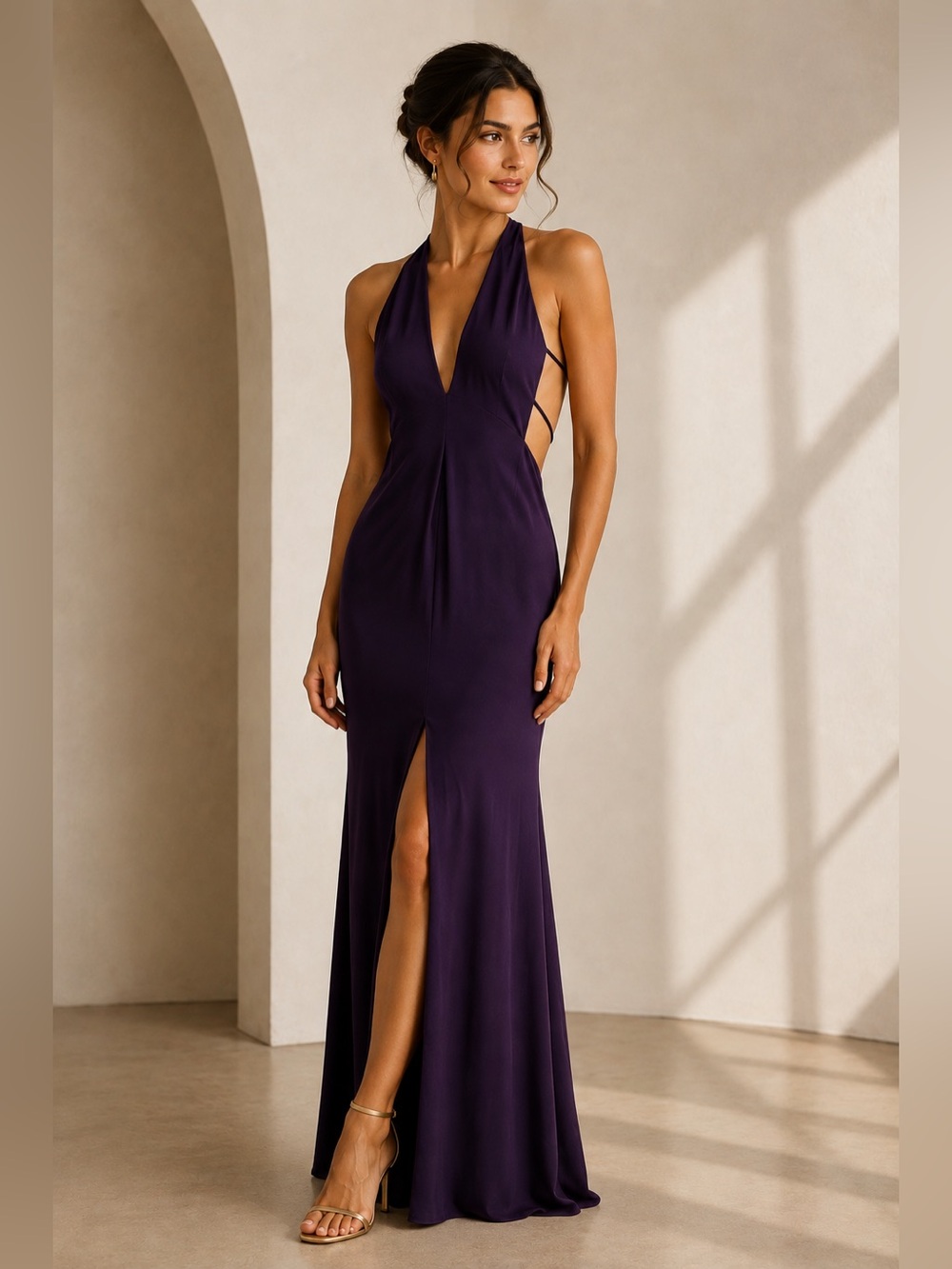 Fame and Partners Purple Halter Maxi Dress Plunge Neck Open Back Slit US 4